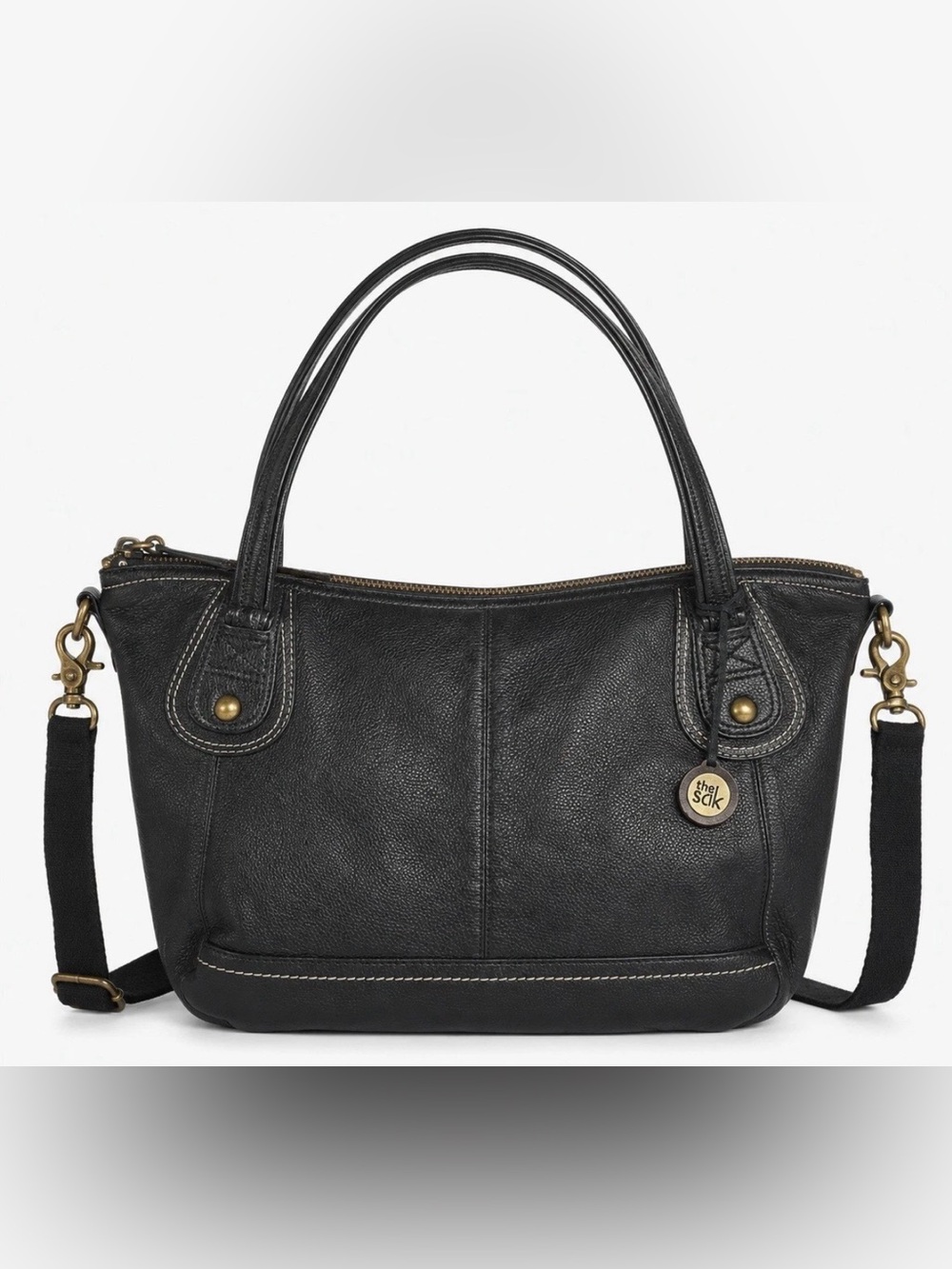 THE SAK Black Pebbled Leather Classic Everyday Medium Satchel Top Zip Purse Bag